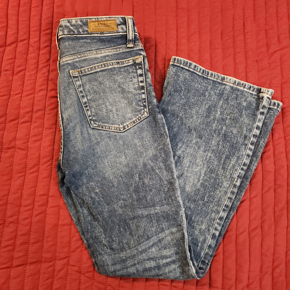 E83 Polo Ralph Lauren Girls Size 14 Blue Acid Wash Flare Leg‎ Jeans Distressed